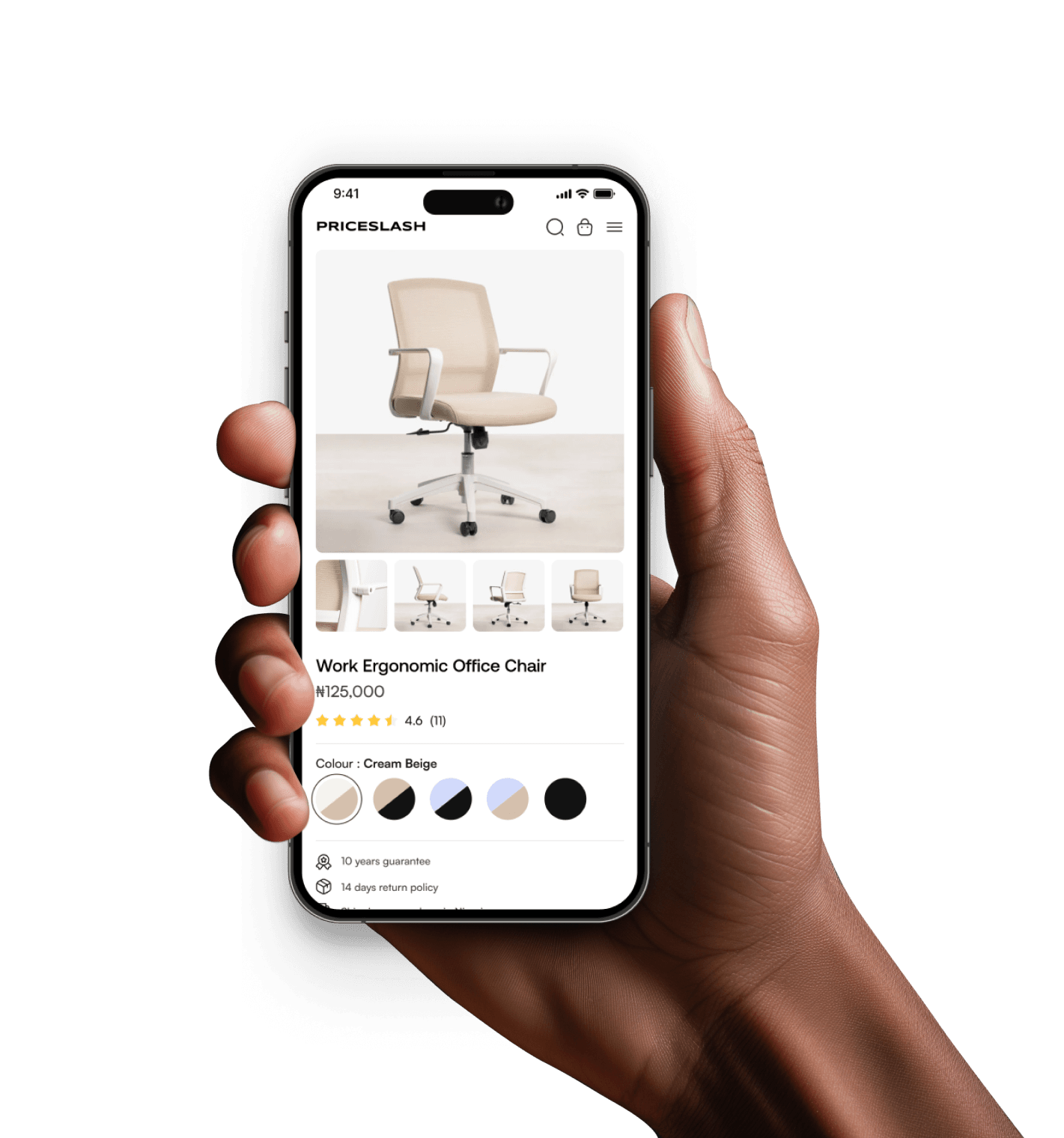 Hand holding a smartphone with a storebridger website screen